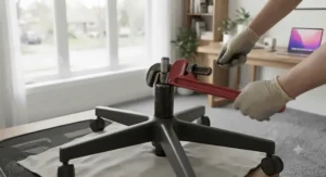 Using a wrench to detach a stuck old gas lift cylinder from the five-star chair base.