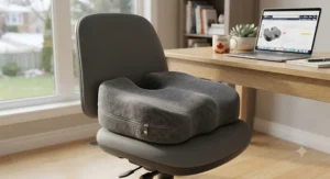 A plush discount coccyx support pillow showing its contoured curves and washable fabric zipper cover