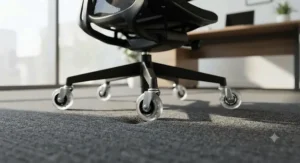 Easy-glide rollerblade style office chair wheels supporting an ergonomic task chair on office carpet.
