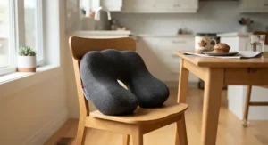 An ergonomic coccyx pillow under $40 dollars placed on a kitchen dining chair to improve posture