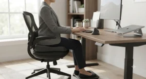 Full ergonomic workstation illustration showing an office chair seat cushion paired with proper desk and posture alignment.