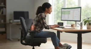 Person maintaining proper spinal alignment using a coccyx cushion on an office chair in a Canadian workspace.