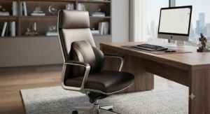 Premium executive office chair featuring an integrated contour lumbar support cushion for professional workspaces.
