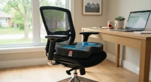 A cooling gel-enhanced coccyx cushion providing pressure relief on a modern desk chair setup