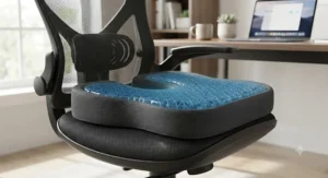 Illustration of a cooling gel-infused seat cushion on an office chair pan, highlighting airflow channels for all-day comfort.