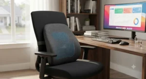 Gel-infused cooling lumbar support cushion designed to maintain comfort and temperature regulation during work hours.