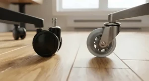 Visual comparison showing a hard nylon twin wheel versus a soft polyurethane caster contacting wood grain.