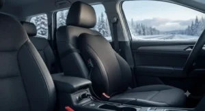 Heated lumbar support cushion plugged into a car seat to provide soothing warmth and back support during cold Canadian winters.