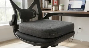 Illustration of a powered heated seat cushion resting on a home office desk chair for cold Canadian winter mornings.