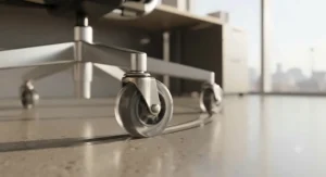 Heavy-duty steel axle office chair caster supporting smooth rotation under high load on smooth office flooring.