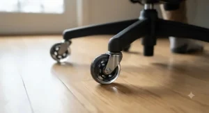 Close-up of heavy-duty polyurethane rollerblade wheels for office chairs gliding smoothly across hardwood flooring.
