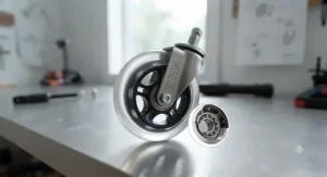 Detailed vector graphic highlighting heavy-duty steel brackets and precision ball bearings on high-load rollerblade office chair wheels.