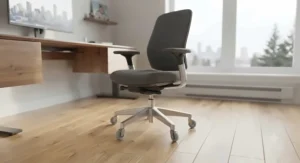 Ergonomic task chair upgraded with silent soft casters sitting on natural hardwood floor in a modern Canadian condo.