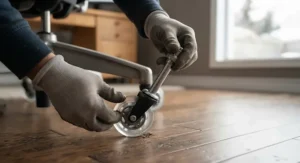 Step-by-step installation of replacement office chair wheels by pulling out the old stem.