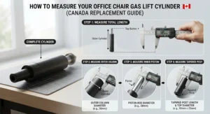 An illustrated step-by-step guide showing how to measure an office chair gas lift cylinder before buying a replacement in Canada.
