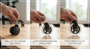 Step-by-step vector illustration demonstrating how to pull out old office chair casters and push in new rollerblade wheels without tools.