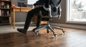 Locking replacement office chair wheels with a brake mechanism engaged to keep the seat steady.