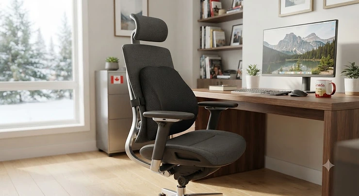 An ergonomic office chair equipped with a contoured lumbar support cushion in a modern Canadian home office setup. lumbar support cushions