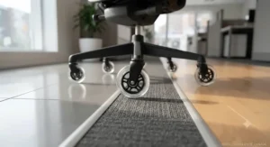 Illustration showing rollerblade office chair wheels rolling effortlessly across office tile, commercial carpet, and engineered hardwood.