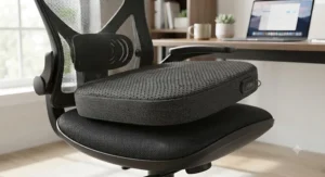 Underside illustration of a seat cushion showing rubber grip dots to prevent sliding on mesh or leather chair surfaces.