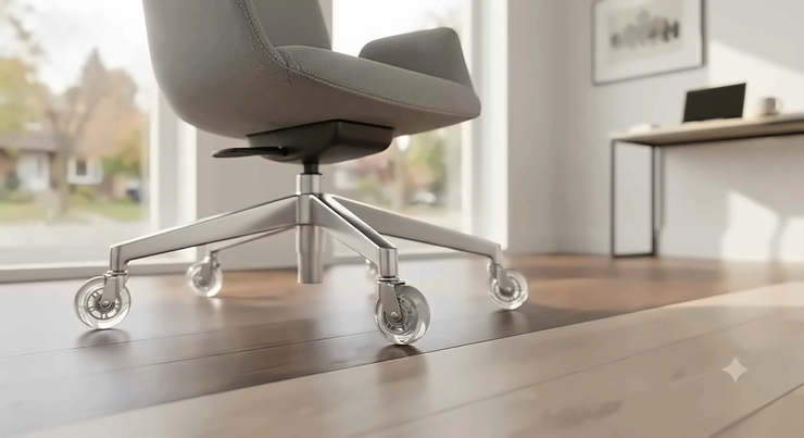Close-up of smooth-rolling polyurethane office chair casters protecting hardwood and laminate flooring in a modern Canadian home office. office chair casters for hard floors