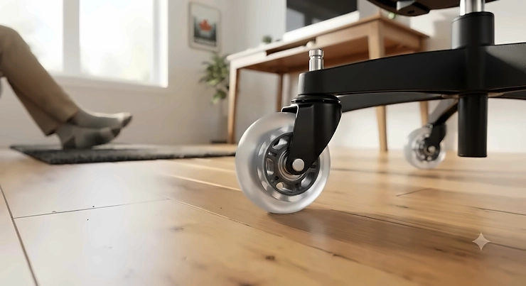 Soft polyurethane office chair caster rolling smoothly over a solid maple hardwood floor in a Canadian home office. office chair casters for hardwood floors