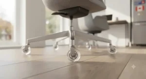 Ergonomic desk chair equipped with clear soft-rubber tread casters resting safely on luxury vinyl plank flooring.