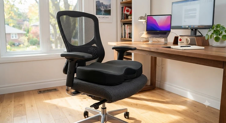 Ergonomic memory foam office chair cushion resting on a desk chair in a Canadian home office. office chair cushions