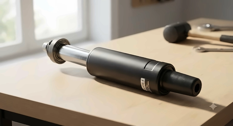A close-up illustration of a heavy-duty office chair gas lift cylinder replacement part on a clean workbench office chair gas lift cylinders