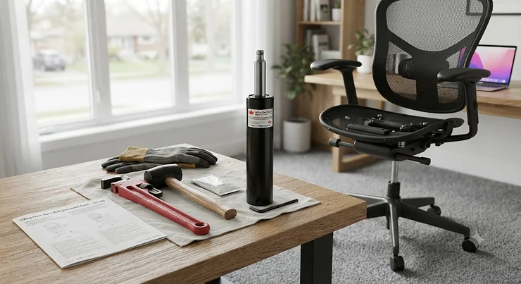 Illustration of an office chair gas lift replacement kit for a home office setup in Canada.