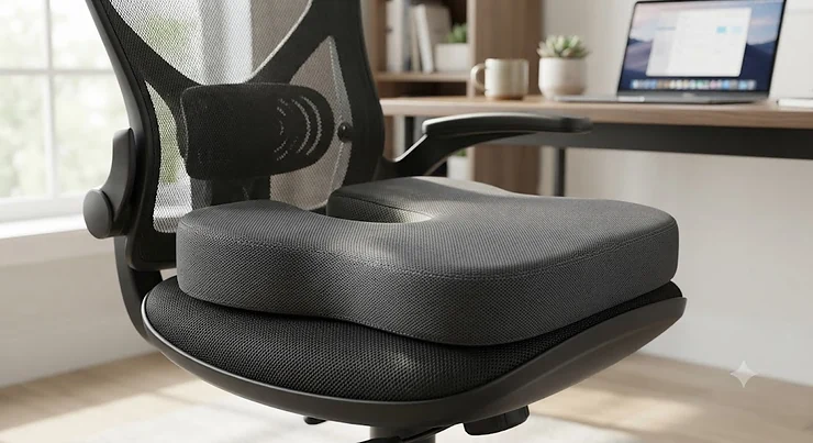 Close-up illustration of a high-density memory foam office chair seat cushion designed for ergonomic tailbone support during remote work. office chair seat cushions