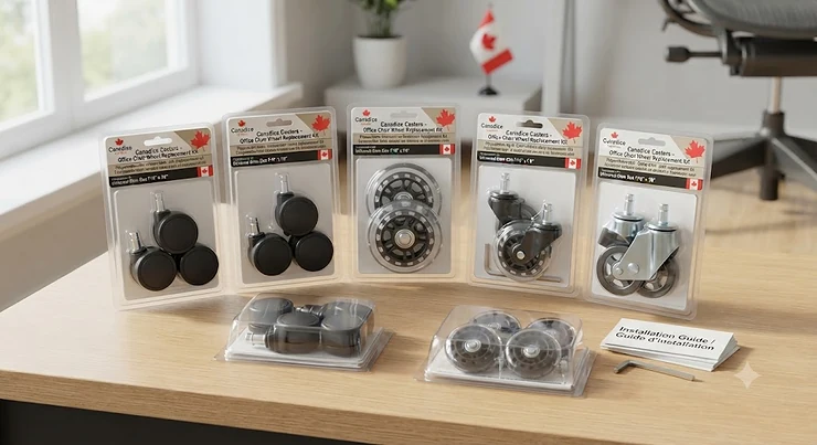 An array of office chair wheel replacement kits displayed neatly for home office setups across Canada.