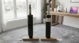 Side-by-side comparison of a worn-out office chair gas lift cylinder and a new replacement part.