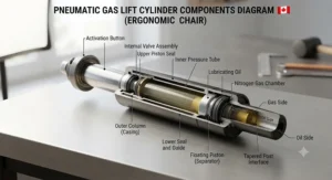 A detailed cross-section diagram highlighting the inner components of an ergonomic office chair pneumatic gas lift cylinder.