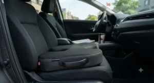 A portable travel-friendly seat cushion with a convenient carry handle sitting on a car seat