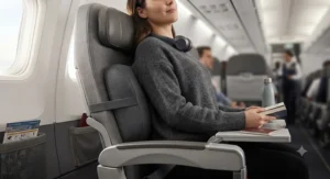 Compact and portable travel lumbar support cushion being used for comfortable seating while traveling by air or train.