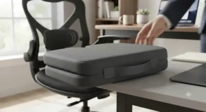 Illustration of a lightweight portable seat cushion with an integrated carry handle for hybrid office or remote setups.