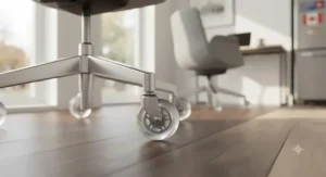 Low-friction twin-wheel polyurethane caster gliding silently across an engineered hardwood floor during a remote workday.