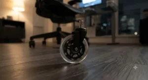 Illustration of a quiet rollerblade office chair wheel rolling softly across condominium laminate flooring during late-night remote work.