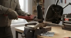 An illustration demonstrating the safe removal of a stuck office chair gas lift cylinder using a pipe wrench.