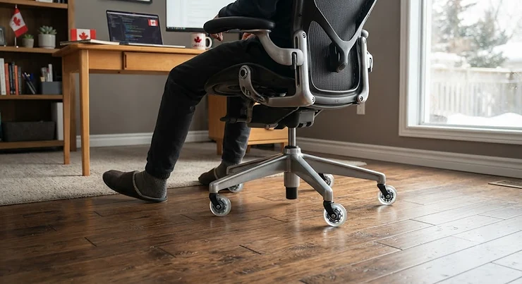 Replacement office chair wheels protecting hardwood flooring in a Canadian home office.