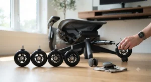 Replacement rollerblade style office chair wheels lined up next to a desk chair during installation.