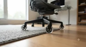 Rollerblade office chair wheels transitioning smoothly from low-pile area rug to hardwood floor in a modern Canadian workspace.