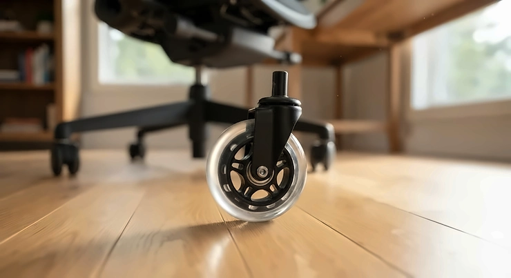 Close-up of rollerblade-style polyurethane office chair wheels gliding smoothly on Canadian maple hardwood flooring in a home office.