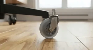 Rollerblade style single wheel polyurethane office chair caster gliding across hardwood floorboards without scuffing.
