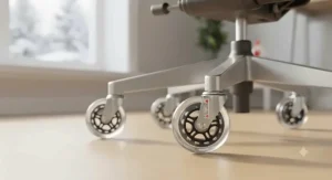 Close-up of rollerblade-style caster wheels designed to protect Canadian hardwood and laminate floors.