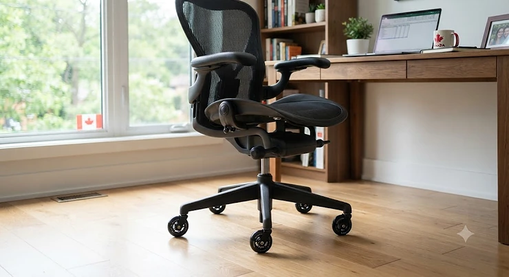 Set of black rollerblade style office chair wheels installed on an ergonomic desk chair in a Canadian home office.