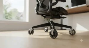 Silent rollerblade style office chair wheels rolling quietly over laminate and parquet flooring in a modern office.
