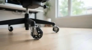Smooth-rolling rollerblade style office chair wheels protecting a Canadian hardwood floor from scuffs and scratches.