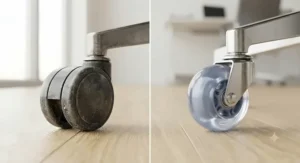 Side-by-side comparison of a worn hard plastic office chair caster versus a soft polyurethane caster designed for tile and laminate floors.
